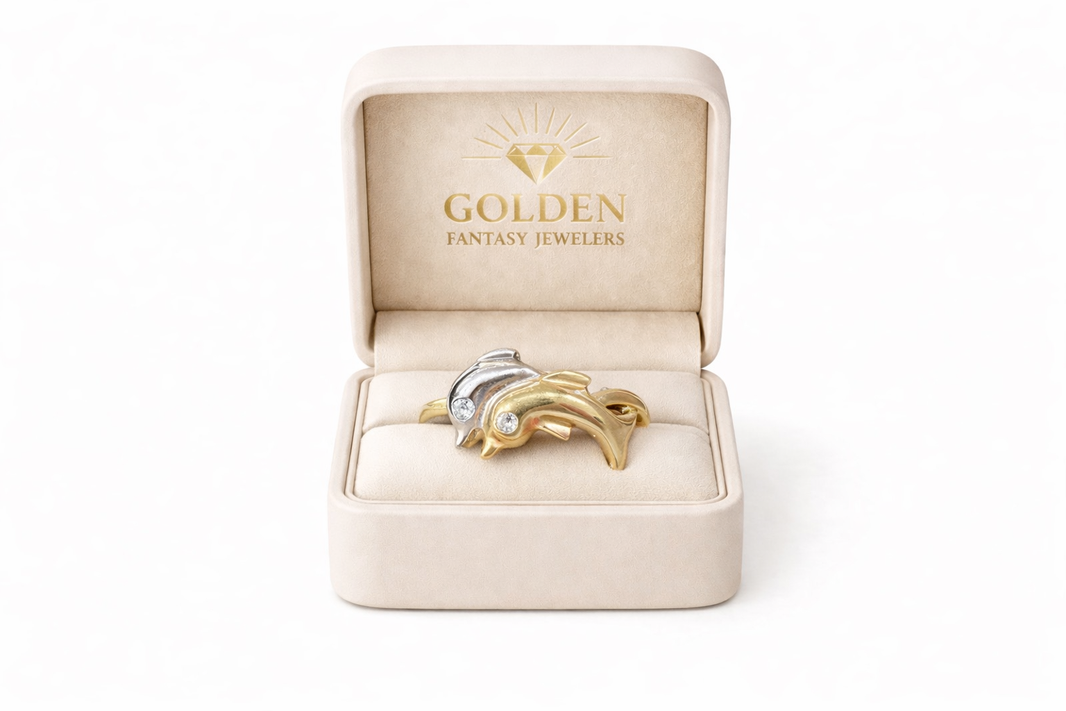 10K Yellow Gold Women's Ring 2 tone dolphin ring 0.04 ct diamond weight