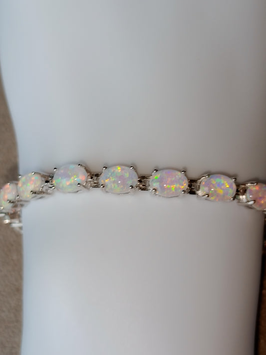 Ethiopian White Opal Tennis Bracelet, Oval Blue Opals, 925 Silver Solid, Valentine Day Gift