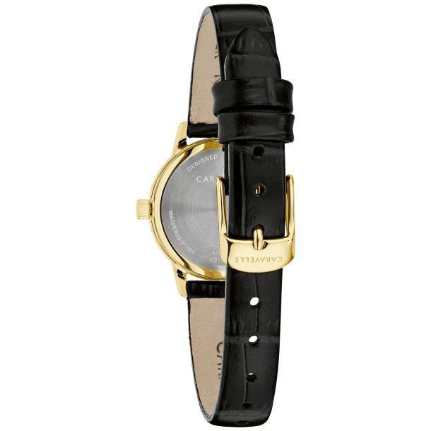 Caravelle Dress 44L272 women’s gold-tone watch case back and leather strap