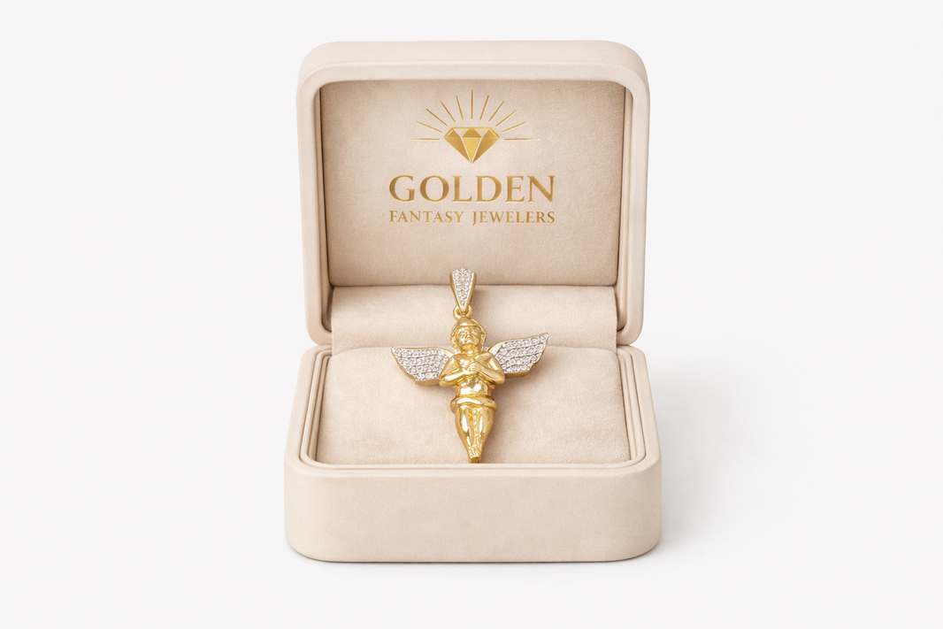 10K Yellow Gold Charm Angel, 0.13 ct Natural Diamond Angel Pendant