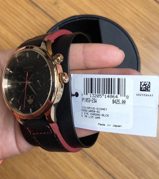 Citizen Eco-Drive Disney Mickey Mouse Rose Gold Black Leather Watch AP1053-23W