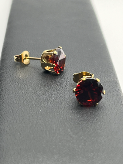Red Garnet Stud Earrings, January Birthstone Stud Earrings, Round Red Gemstone,