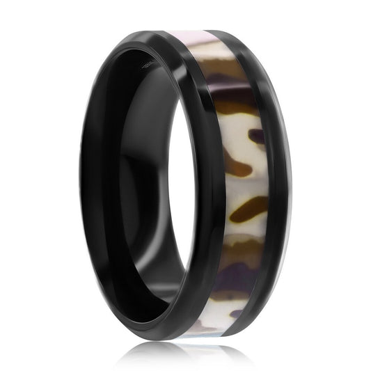 Men's Stainless Steel 316L Black Camouflage Inlay Hunting Camo Ring and Band
