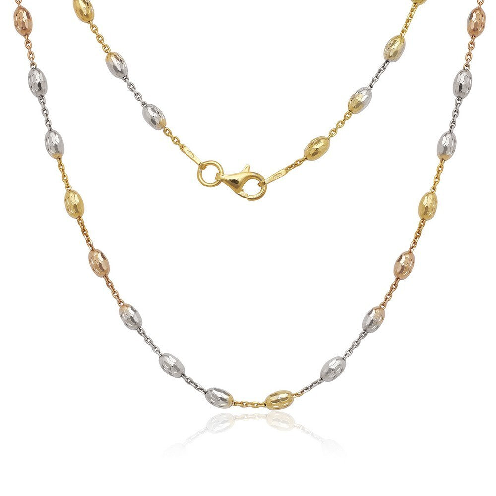 9 Inch Tri-Color Ankle Bracelet .925 Sterling Silver Rice Shape Bead Chain