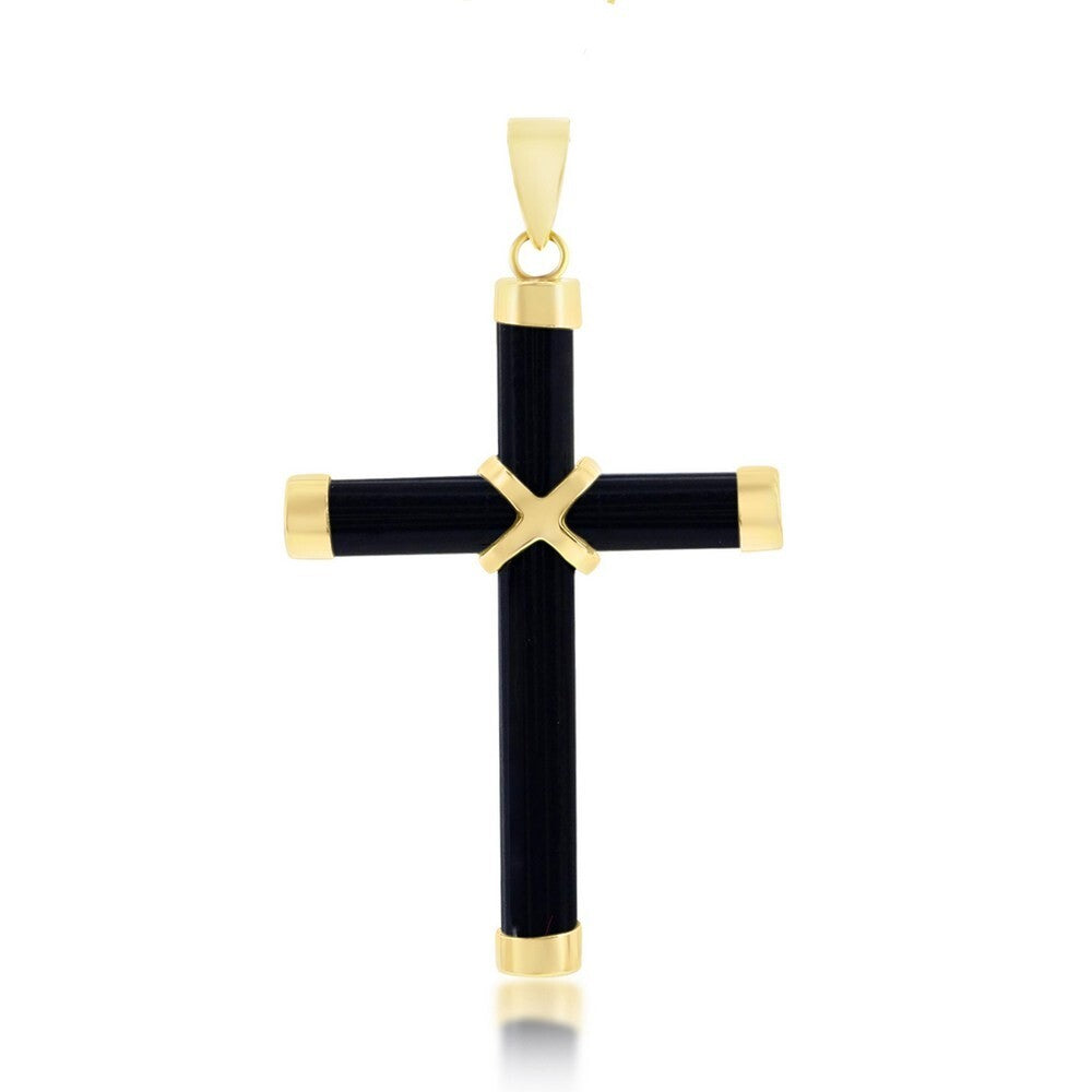 14K Yellow Gold Black Onyx Cross Pendant, Black Onyx and Gold Cross, Unique