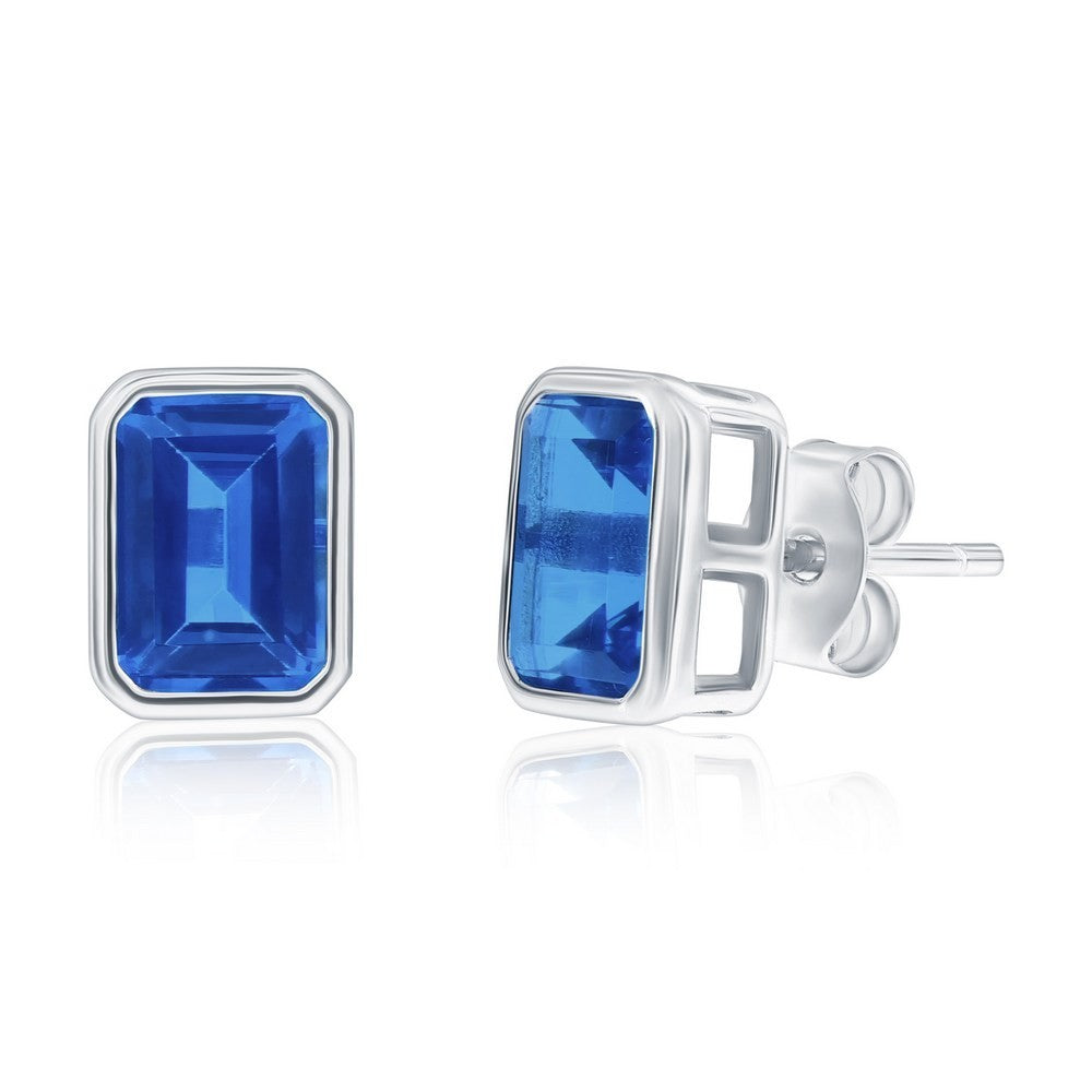 Sterling Silver Blue Topaz CZ Stud Earrings December Birthstone 8x6mm Rectangle
