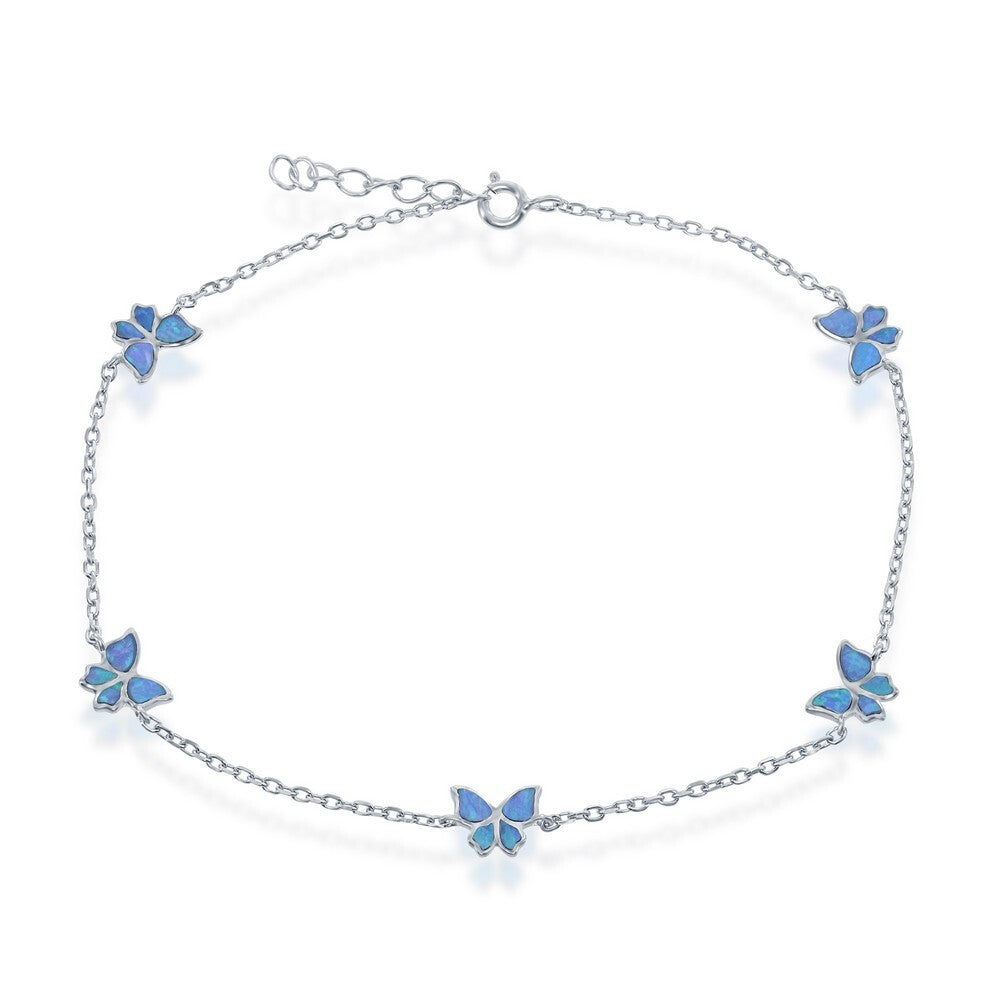 Women's Fashion Blue Opal Butterfly Charm Anklet, Sterling Silver anklet, Beach
