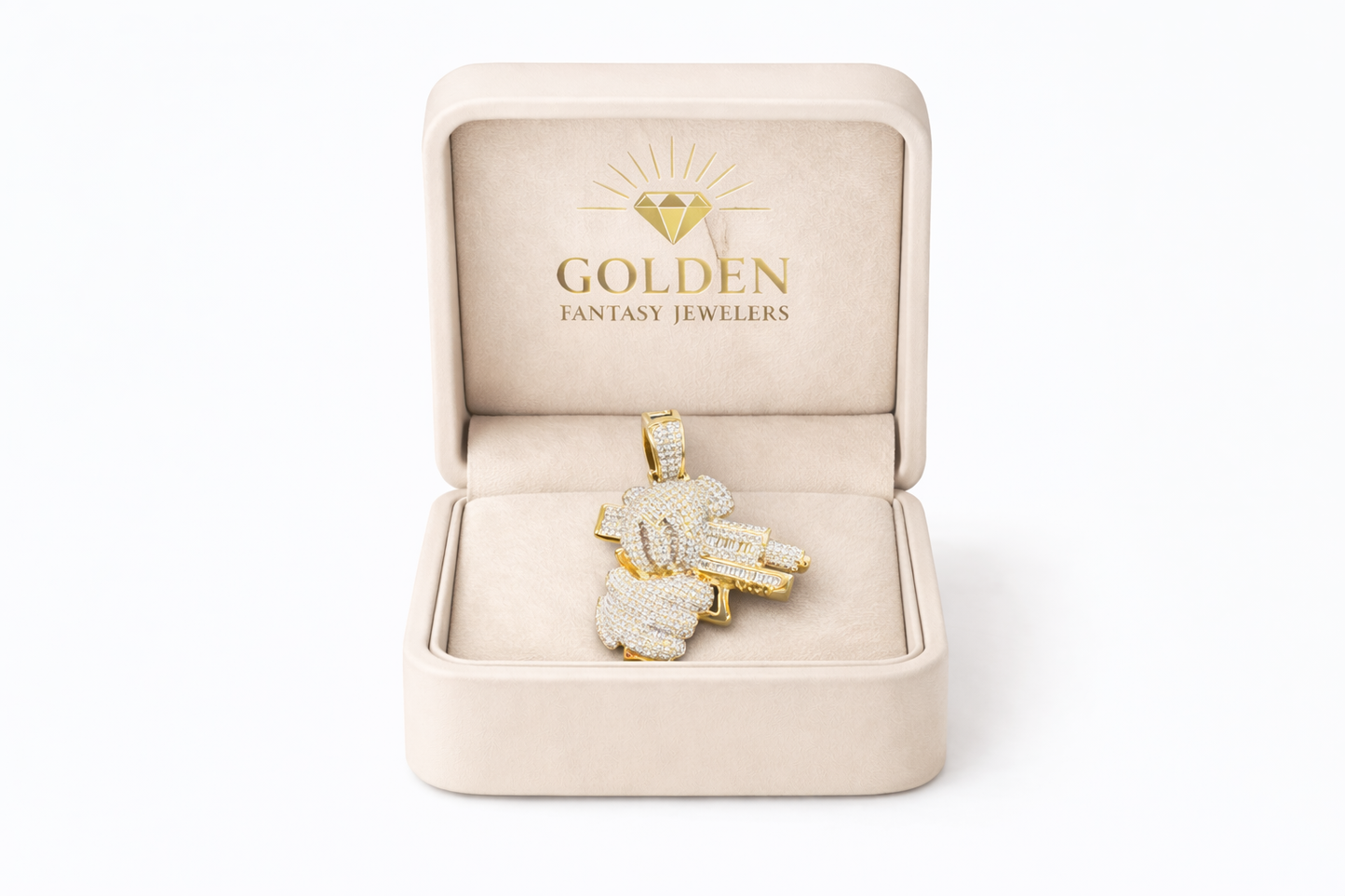 10K Yellow Gold Charm 1.25 ct Natural Diamond Hand with Pistol Pendant