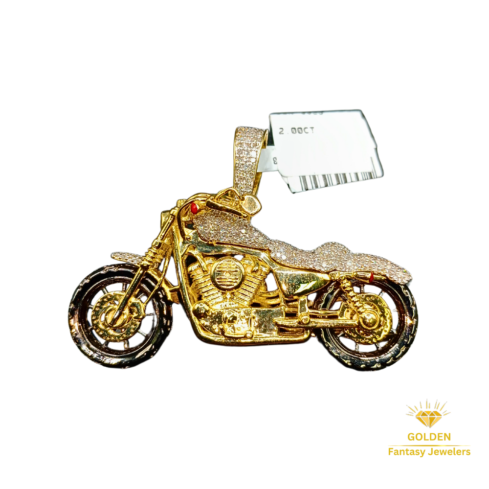 A 10kt gold motorcycle charm with natural diamonds set in a bike design, featuring a golden color and a tag with a price.