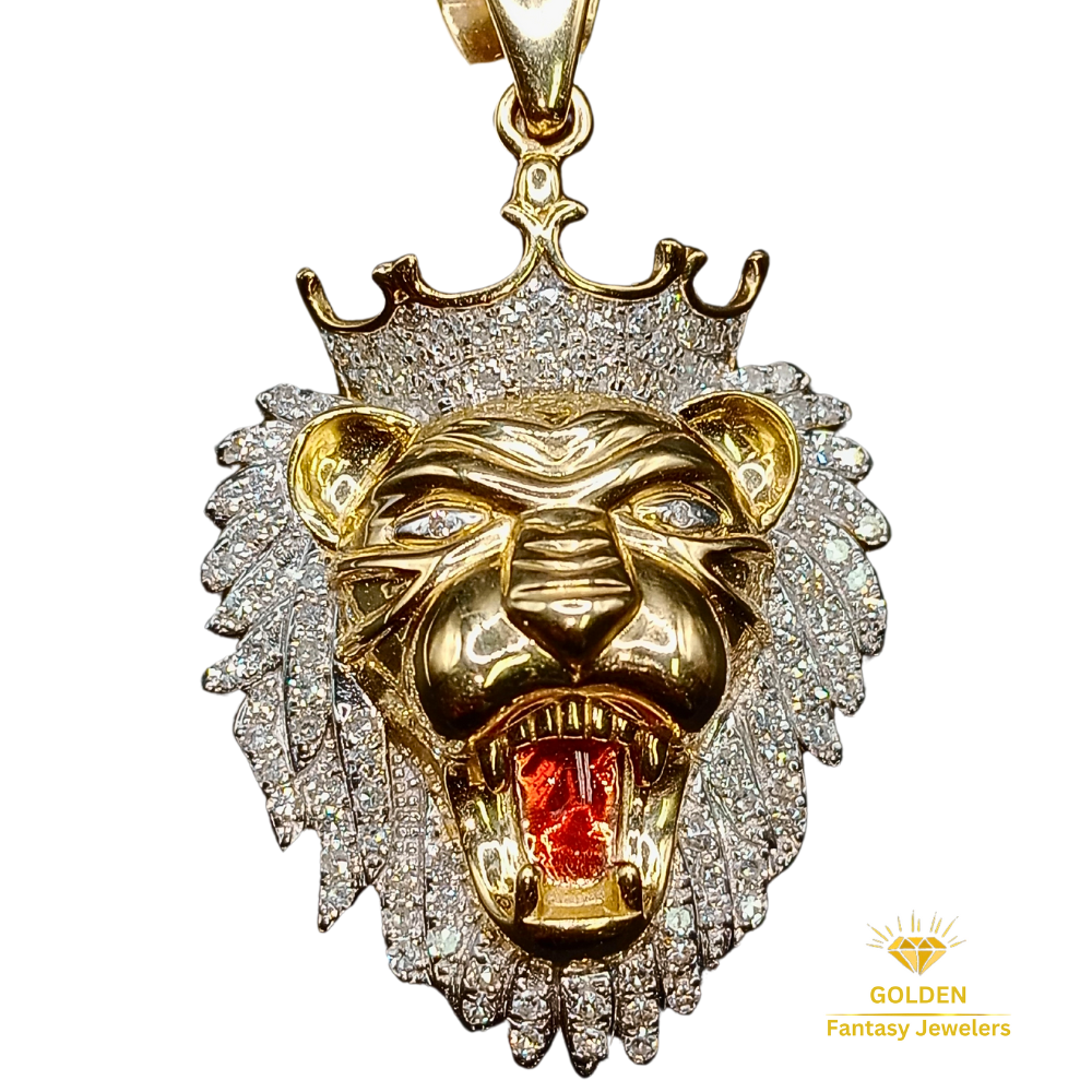 Diamond Lion Pendant - Natural Diamonds - Crowned Lion Charm - Unisex