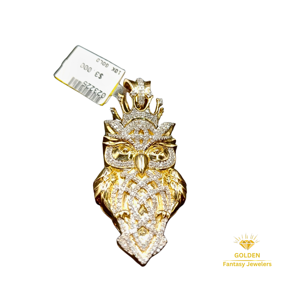 Gold OWL Pendant - All Natural Diamonds - Owl Charm - 10 Karat Gold Charm