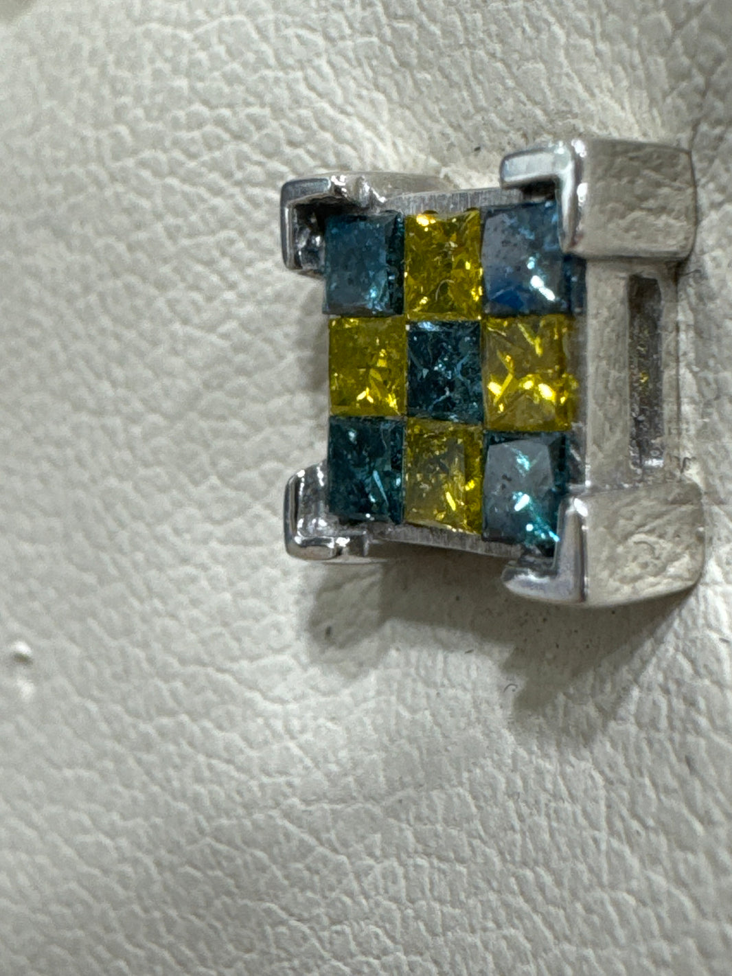 14K White Gold Earrings Cushion Cut, 1.75 ct Blue and Yellow Natural Diamond