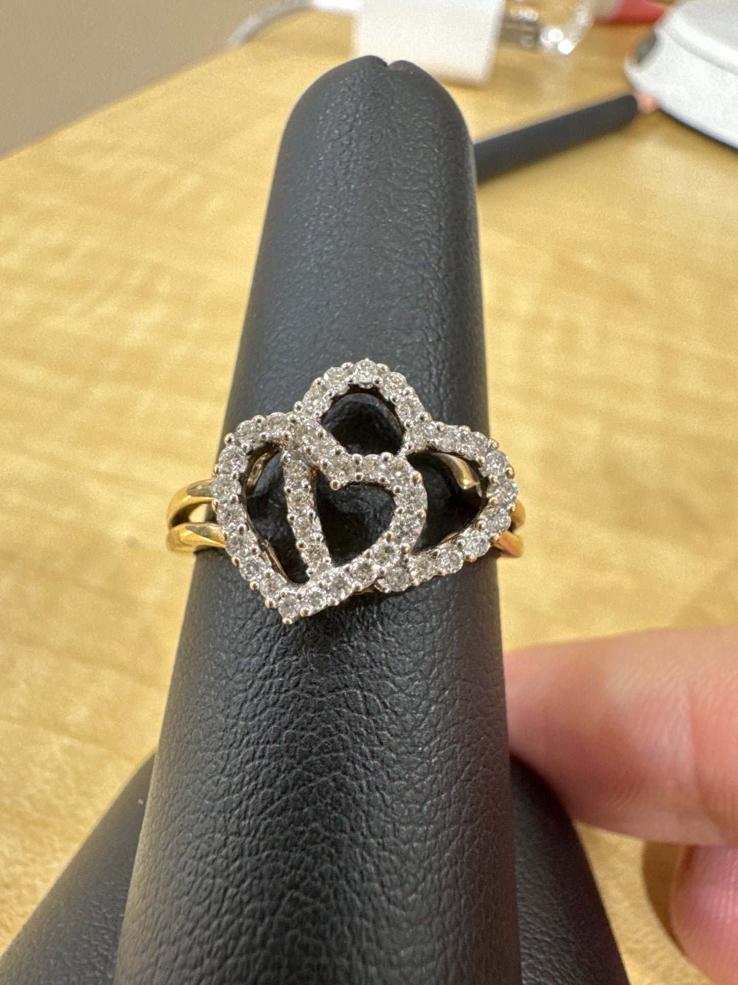10K Yellow Gold Ring 0.45 ct Natural Diamond Double Heart Ring, Intertwined Hearts