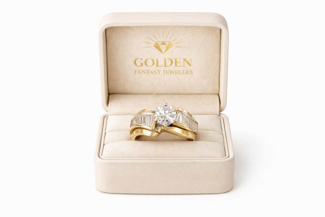 14K Two Tone Gold Women's Ring 1.67 ct Round, Baguette Natural Diamond