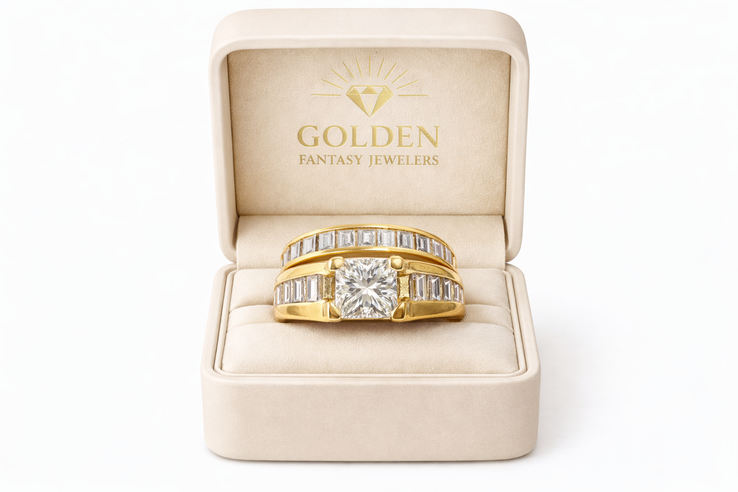 14K Yellow Gold Women's Wedding Set Cushion, Baguette 2.50 ct Natural Diamond
