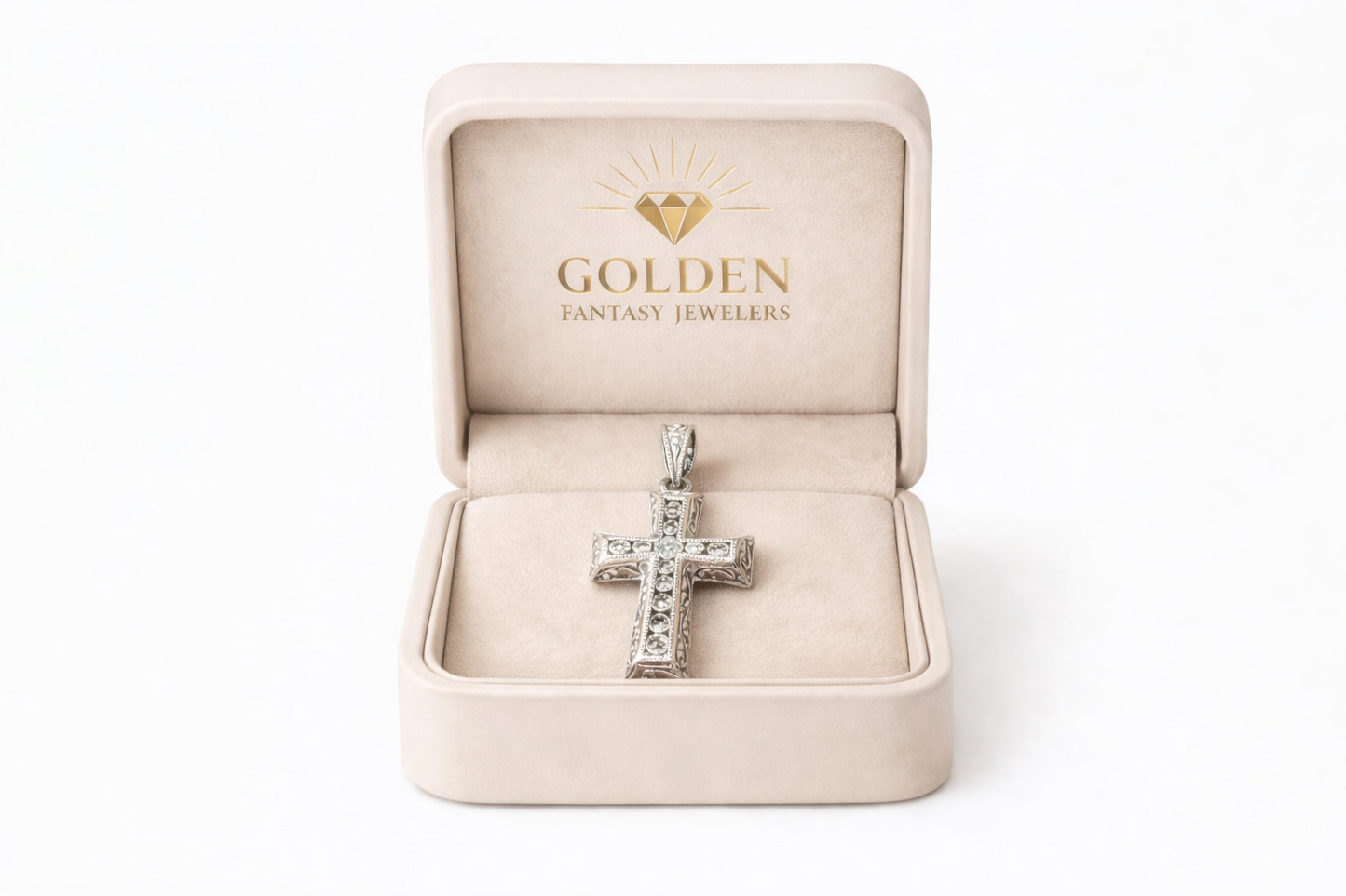 14K White Gold Cross Charm 0.25 ct Cushion Natural Diamond