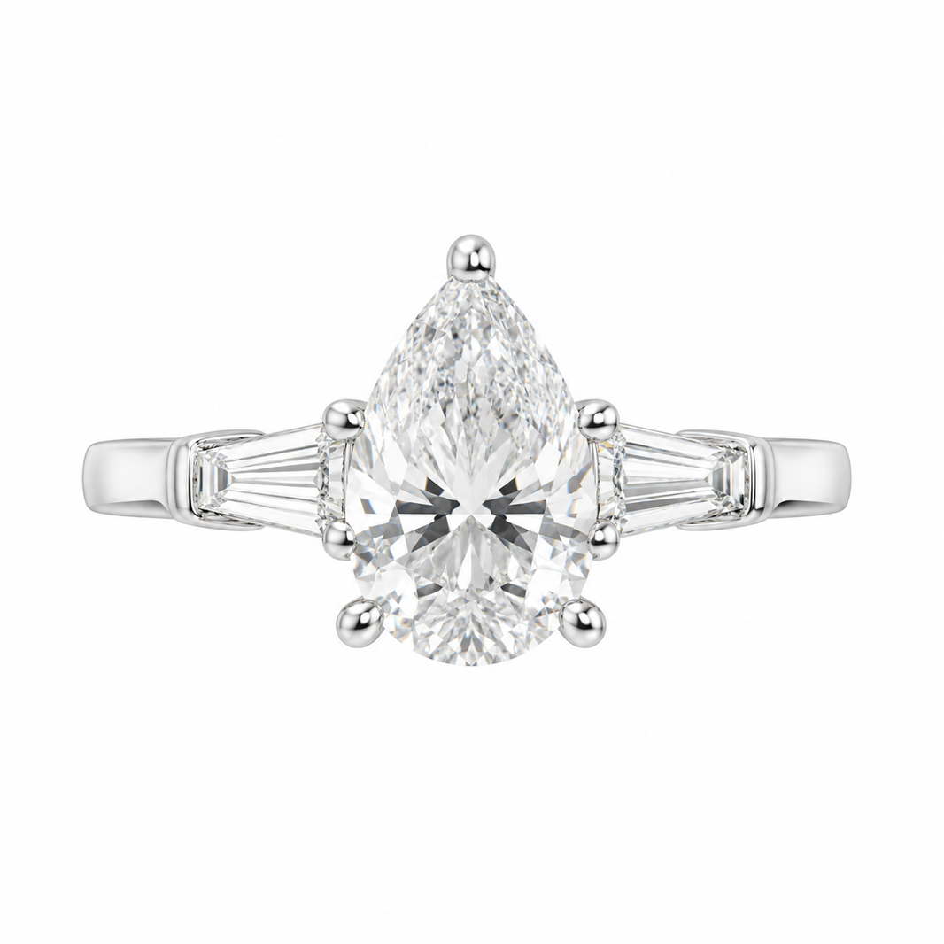 14K White Gold Ring 1.25 ct Pear, Baguette Lab Grown Diamond
