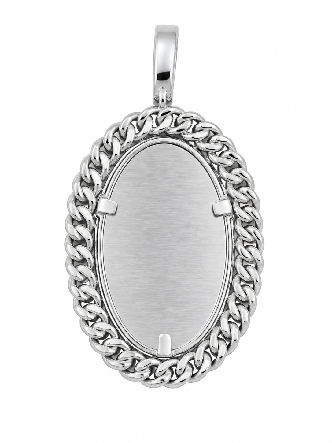 10K White Gold Engravable Picture Pendant Oval Charm Cuban 0.24 ct Natural Diamond