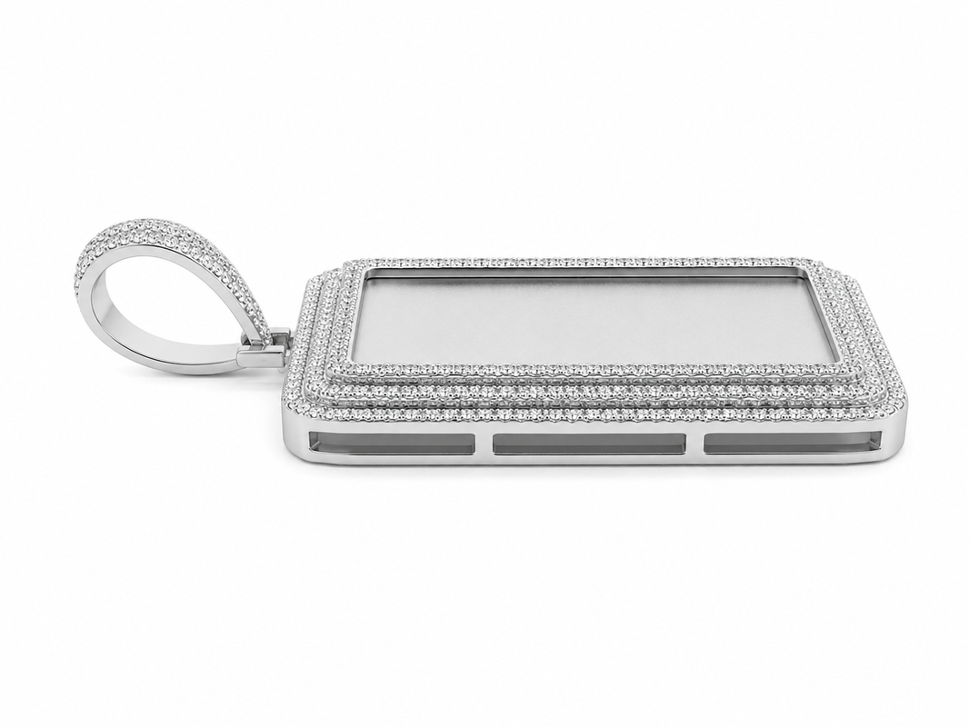 10K White Gold Engravable Picture Pendant Rectangle Charm 0.43 ct Natural Diamond