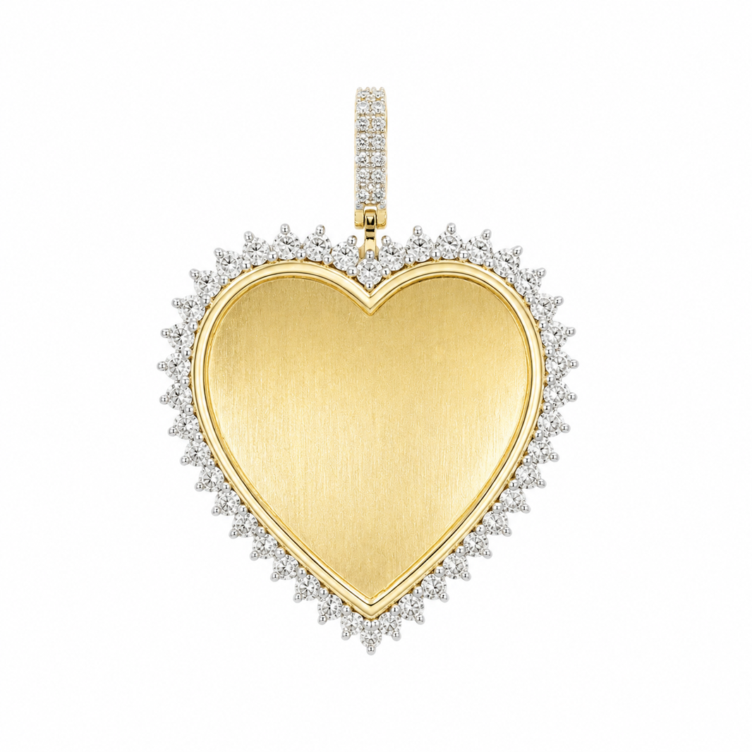10K Yellow Gold Engravable Picture Pendant Heart Charm 0.25 ct Natural Diamond