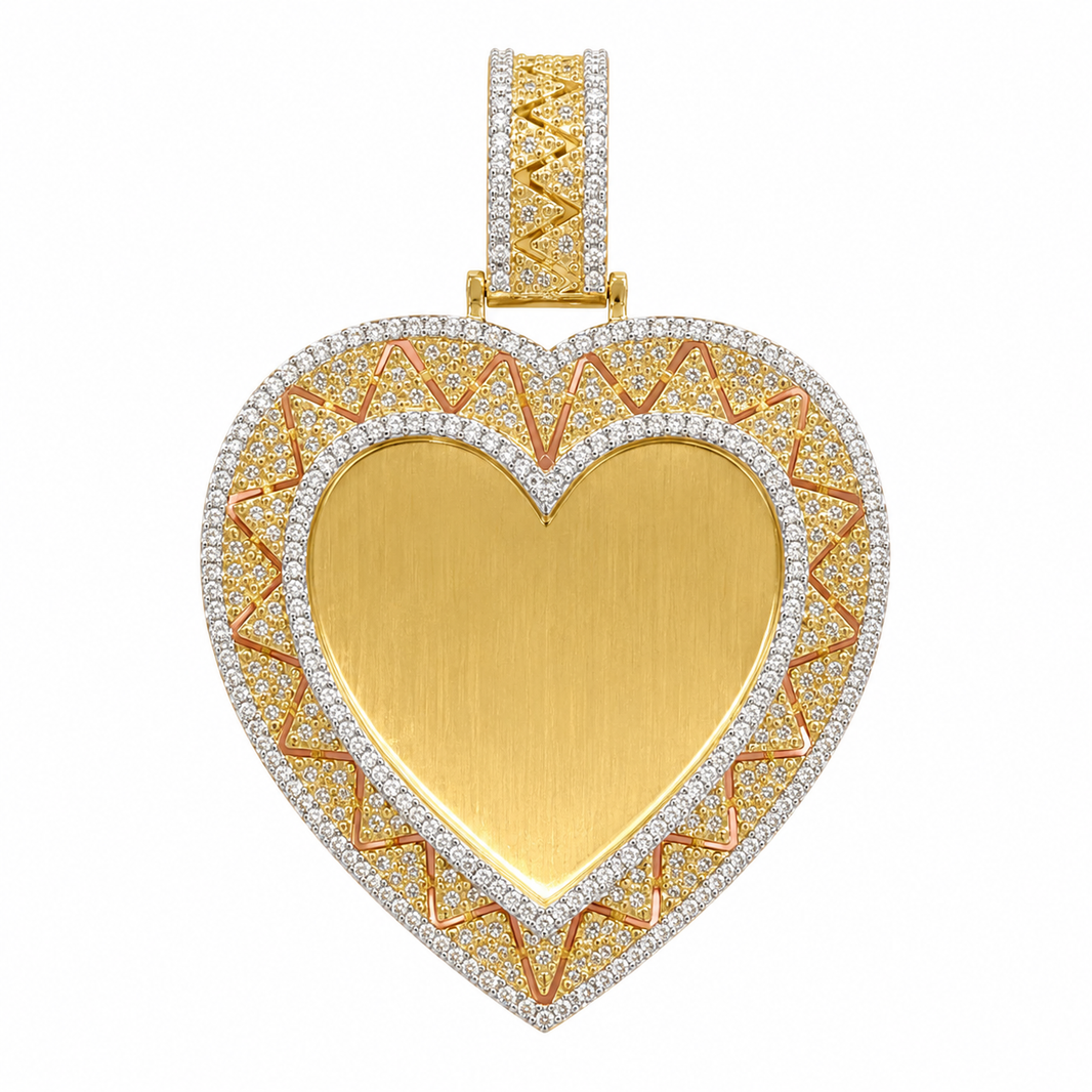 10K Two-Tone Gold Engravable Picture Pendant Heart Charm 0.66 ct Natural Diamond