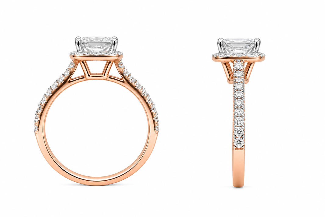 14K Rose Gold Women's Wedding Set 1.32 ct Princess Halo Lab Grown Diamond