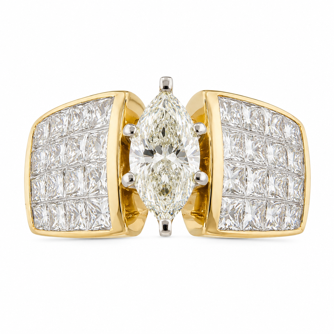 14K Yellow Gold Women's Ring 3.21 ct Marquise, Princess Natural Diamond