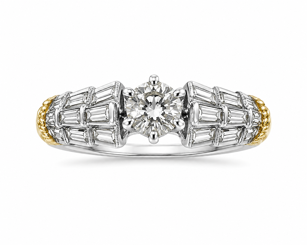 14K Two-Tone Gold Women's Wedding Ring 0.88 ct Round, Baguette Natural Diamond