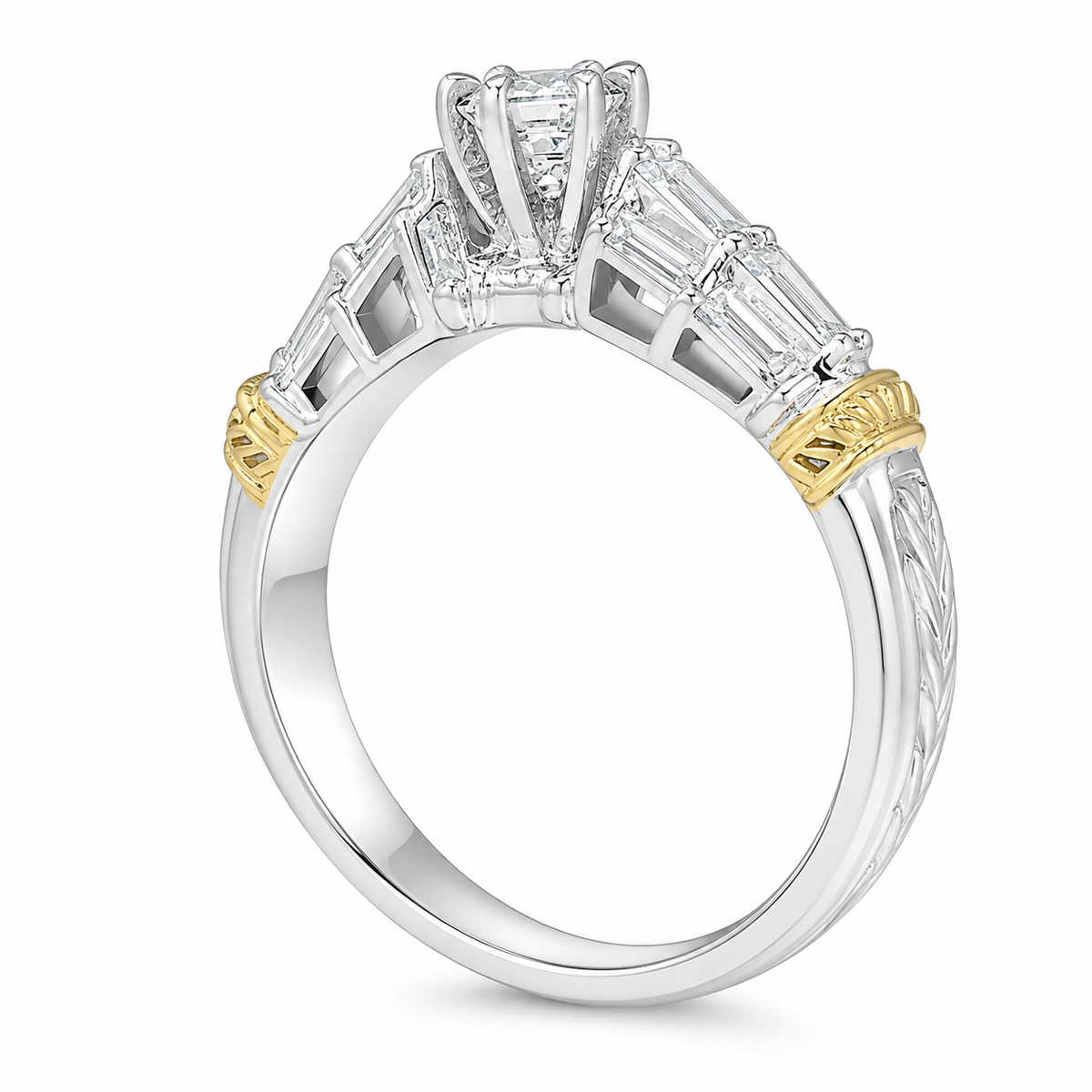 14K Two-Tone Gold Women's Wedding Ring 0.88 ct Round, Baguette Natural Diamond