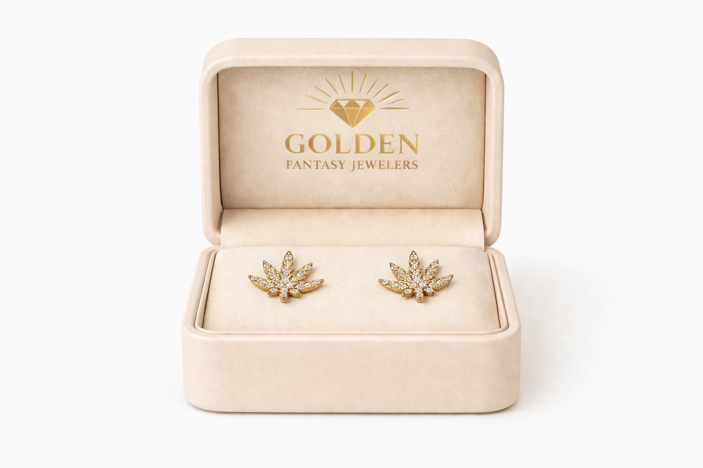 10K Yellow Gold Earrings 0.25 ct Natural Diamond, Weed Leaf Stud Earrings, Marijuana theme Jewelry