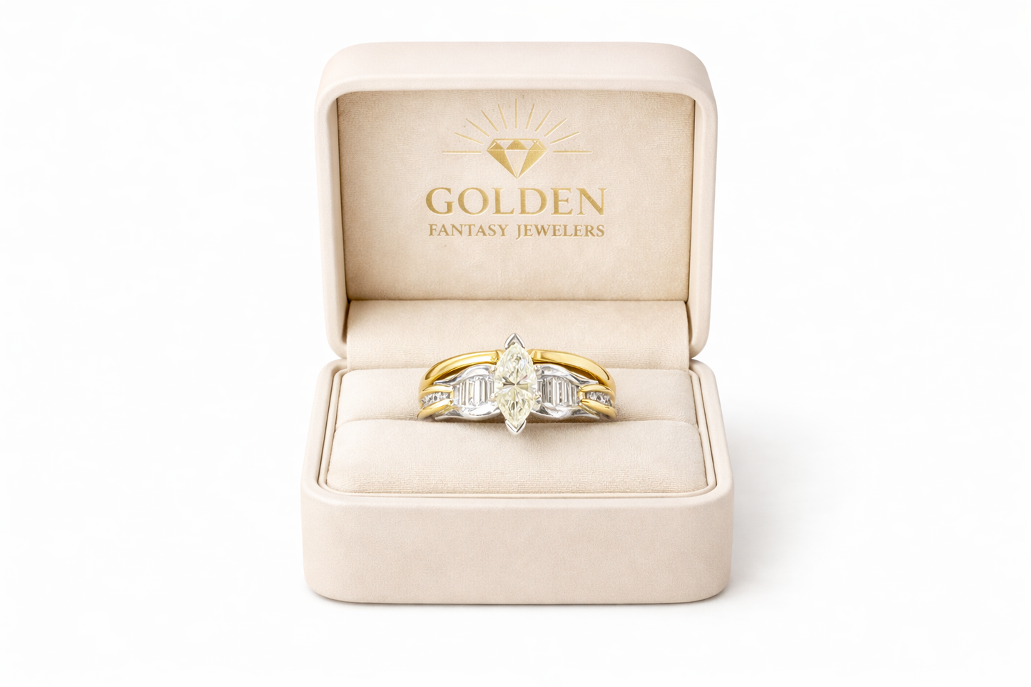 14K Two Tone Gold Women's Ring Set 1.16 ct Marquise, Baguette Natural Diamond