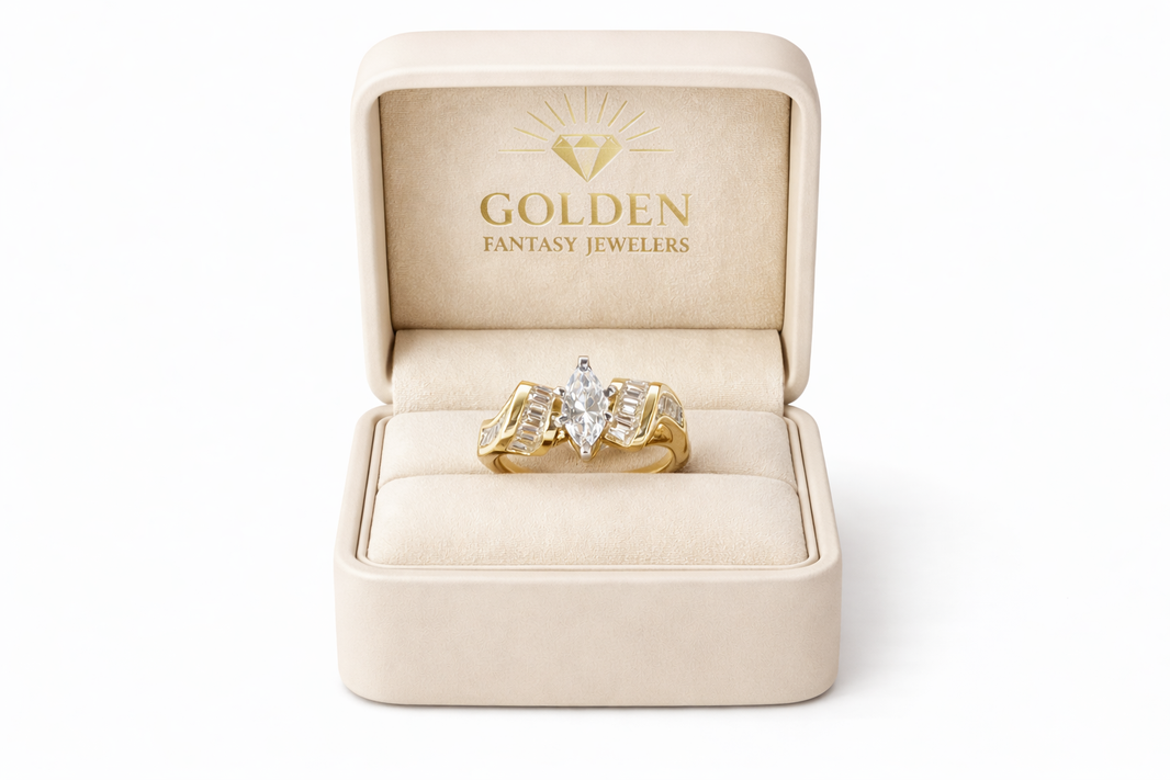 14K Yellow Gold Women's Ring Marquise, Baguette 1.50 ct Natural Diamond