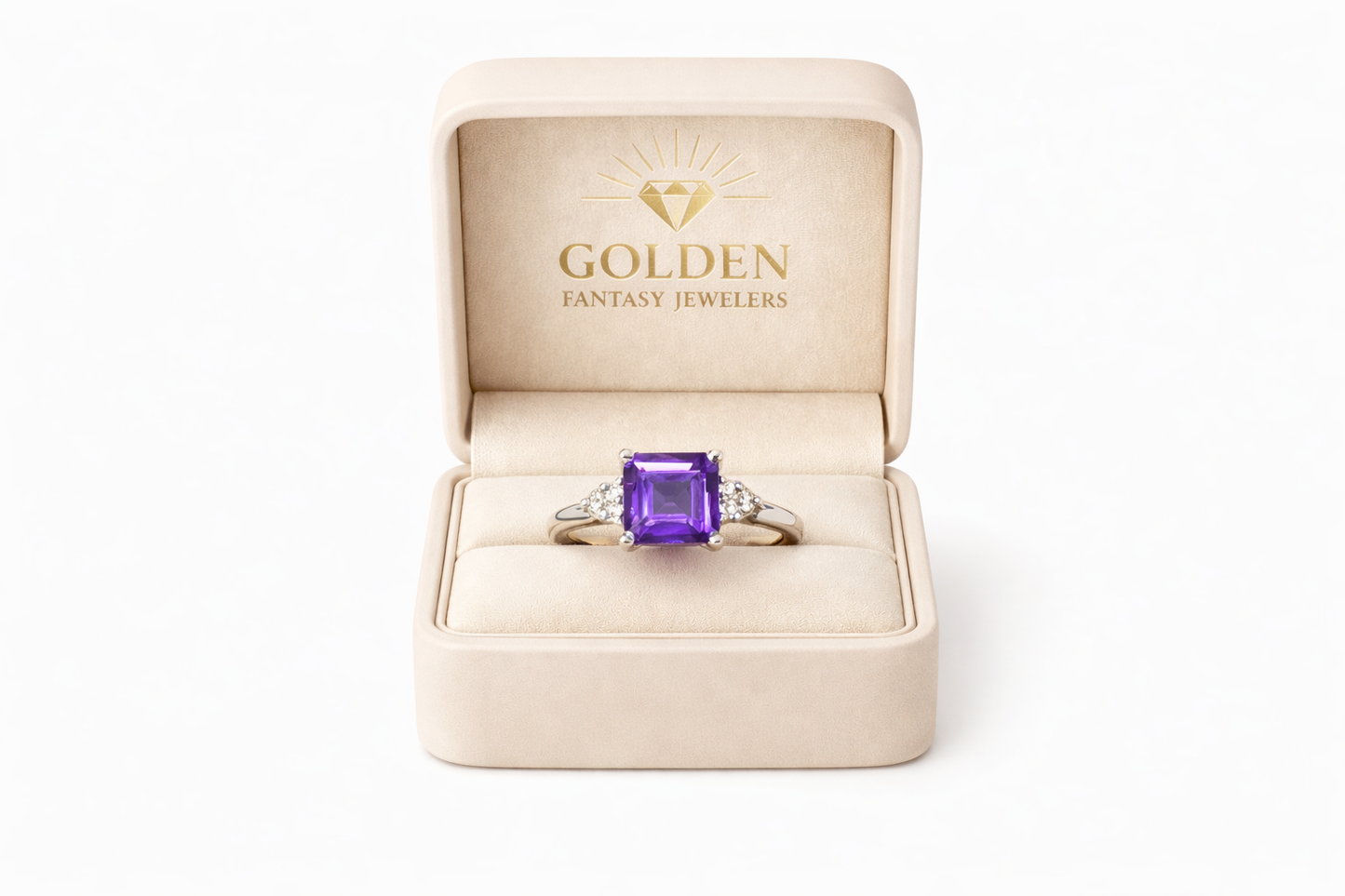 14K White Gold Ring Amethyst Princess Cut 0.84 ct 0.04 ct Natural Diamond
