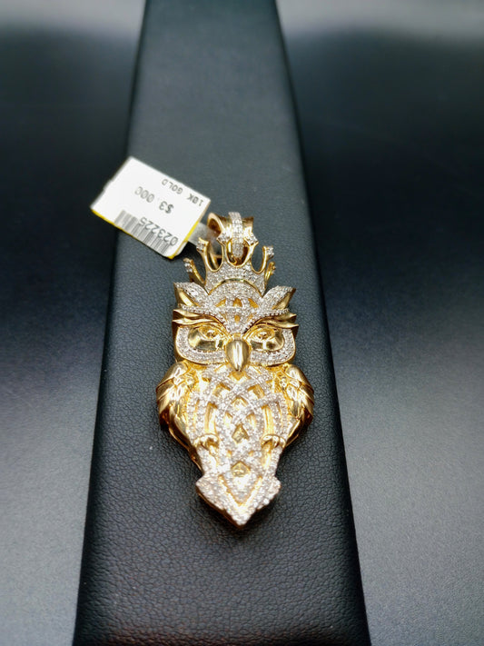 Gold OWL Pendant - All Natural Diamonds - Owl Charm - 10 Karat Gold Charm