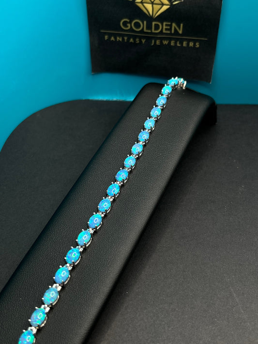Gold Blue Opal Tennis Bracelet, Oval Blue Opals, 925 Silver Solid, Valentine Day Gift