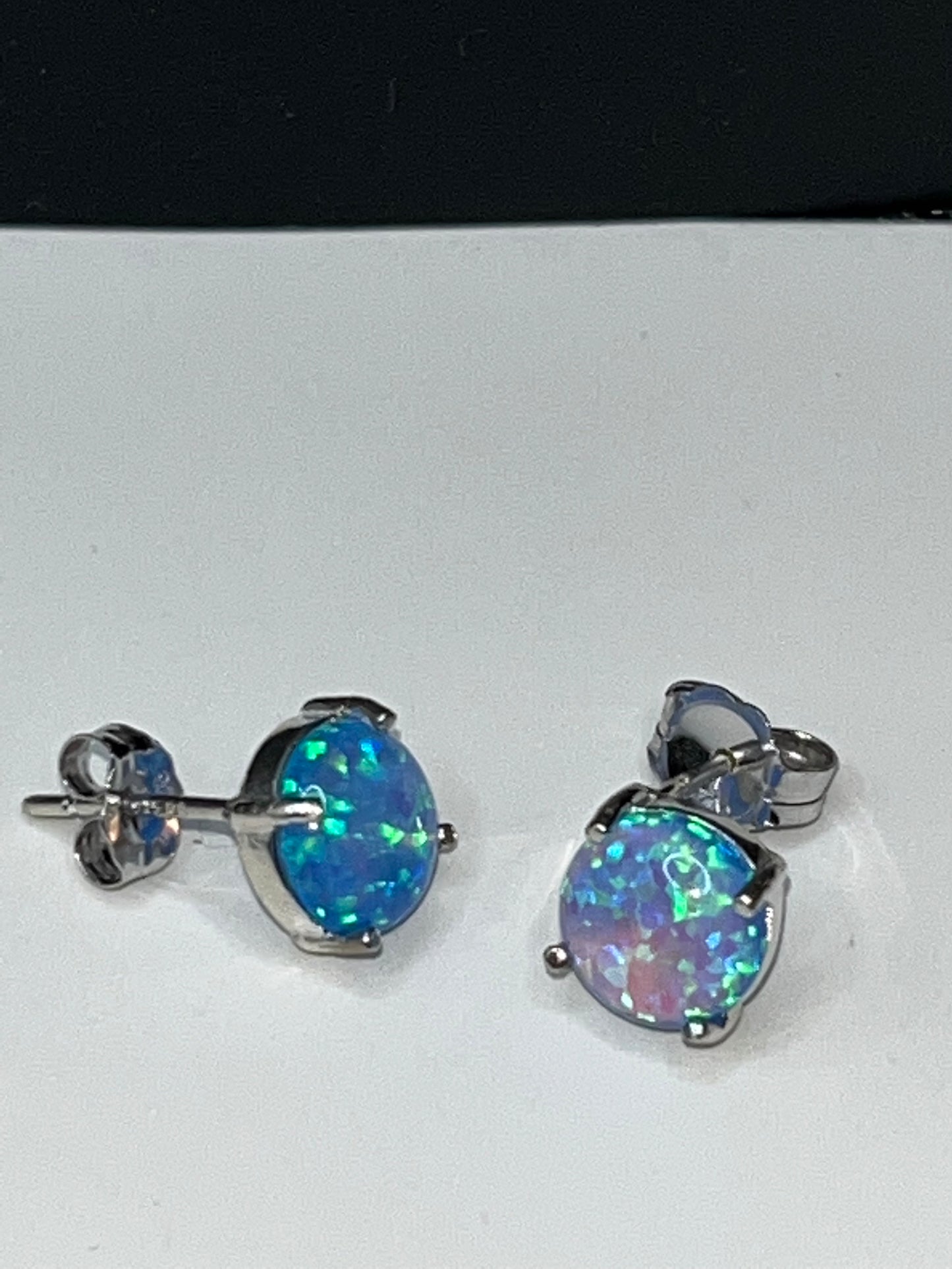 Round Opal Sterling Silver Stud Earrings, 4 prong or 8 prong option available