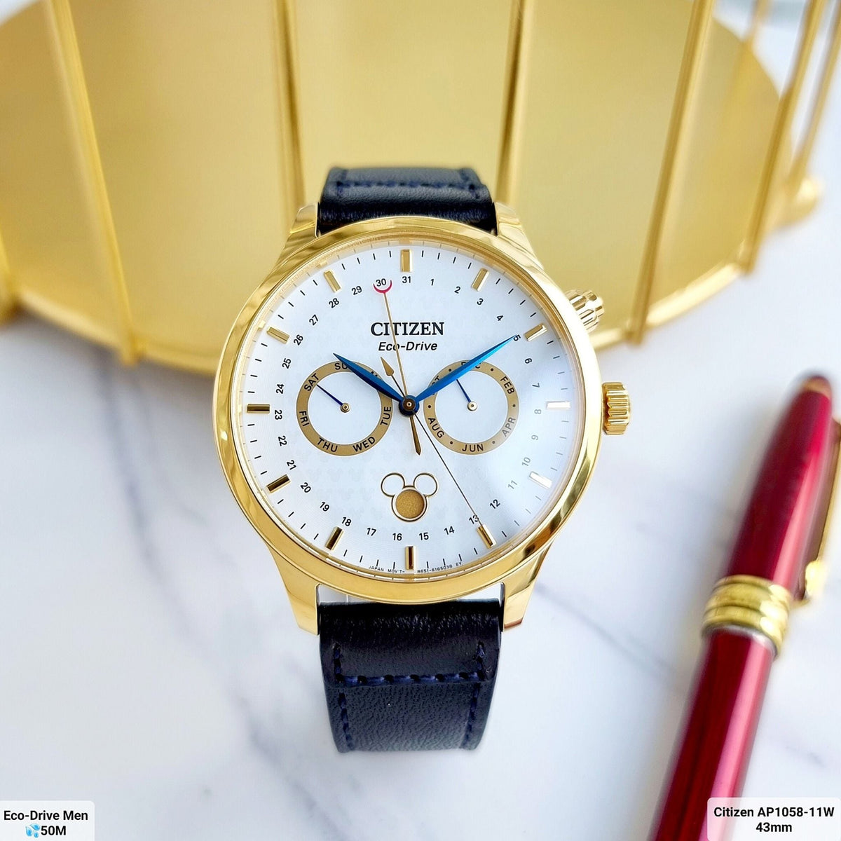 Citizen Disney Mickey Mouse Moon Phase AP1058-11W Men's Gold-Tone Eco-Drive Moon Phase Watch - lifestyle view