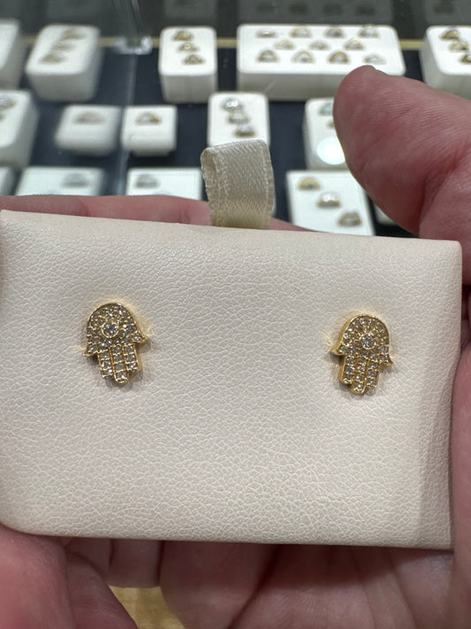 14K Yellow Gold Hamsa Stud Earrings Natural Diamond 24249