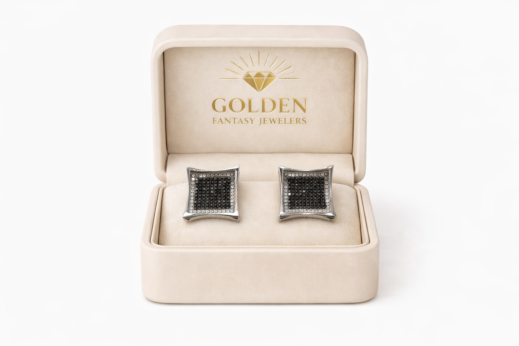 10K White Gold Square Earrings 1.00 ct Black Natural Diamond