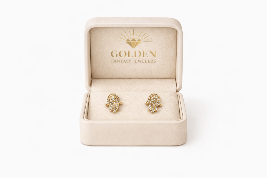 14K Yellow Gold Hamsa Stud Earrings Natural Diamond 24249