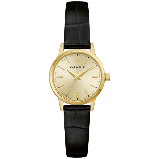 Caravelle Dress 44L272 women’s gold-tone watch with black leather strap front view