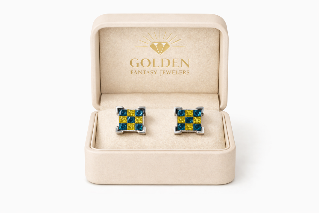 14K White Gold Earrings Cushion Cut, 1.75 ct Blue and Yellow Natural Diamond