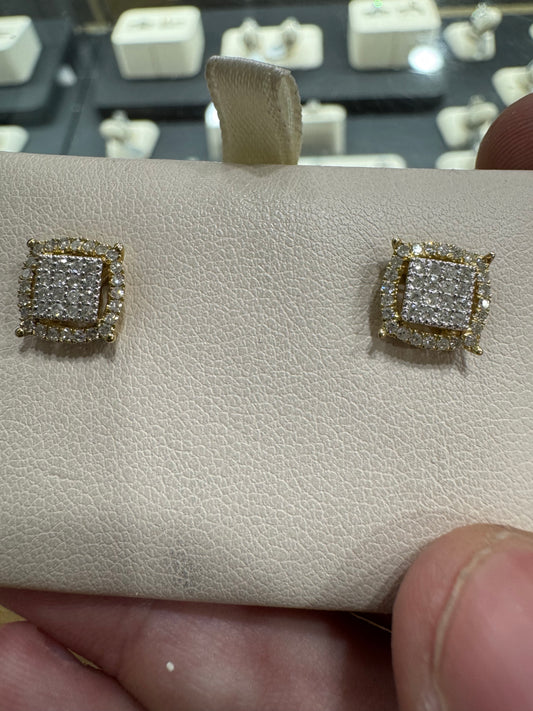 10K Yellow Gold Women's Earrings 0.40 ct Natural Diamond, Halo of Diamonds