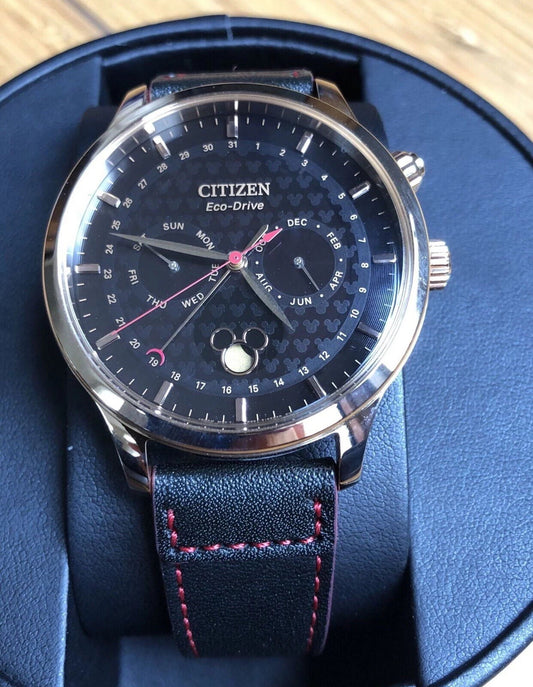 Citizen Eco-Drive Disney Mickey Mouse Rose Gold Black Leather Watch AP1053-23W