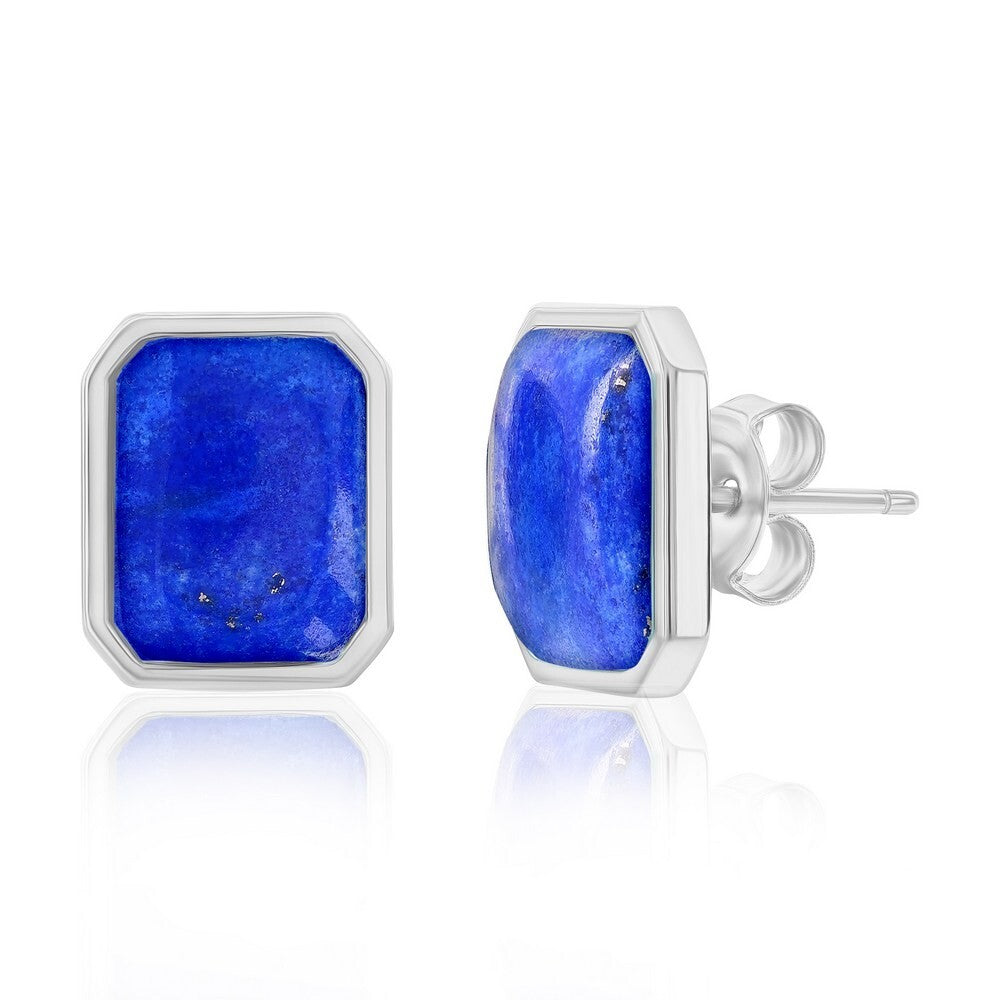 Lapis Lazuli Rectangle Rhodium Plated 925 Sterling Silver Stud Earrings,