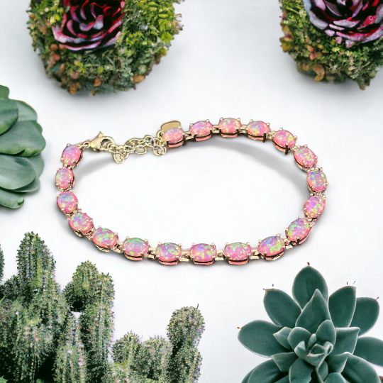 Pink Opal Bracelet, Tennis Bracelet, Silver October Birthstone, Pink Opals