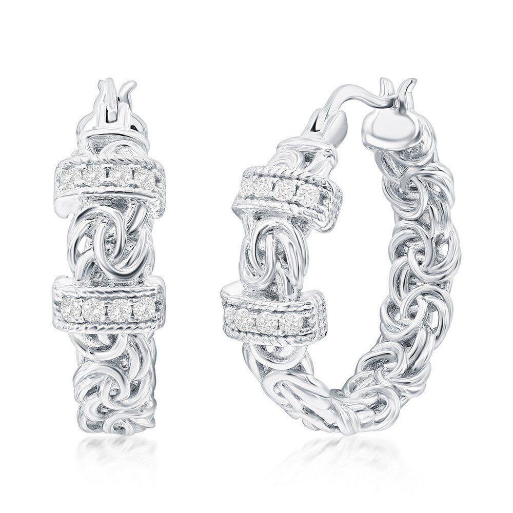 Byzantine Link Hoop Earrings, Byzantine CZ Jewelry, Silver Plated Greek Style