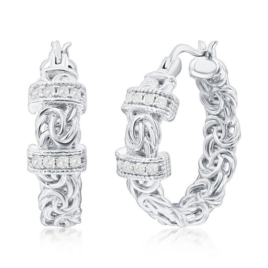 Byzantine Link Hoop Earrings, Byzantine CZ Jewelry, Silver Plated Greek Style