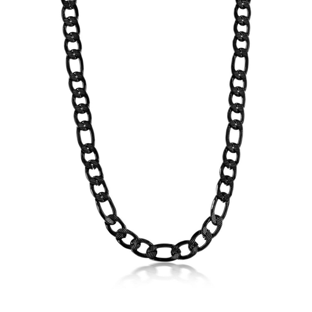 Black Plated Steel 8mm Textured Figaro Chain Necklace 24"