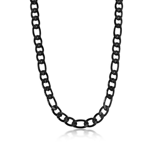 Black Plated Steel 8mm Textured Figaro Chain Necklace 24"